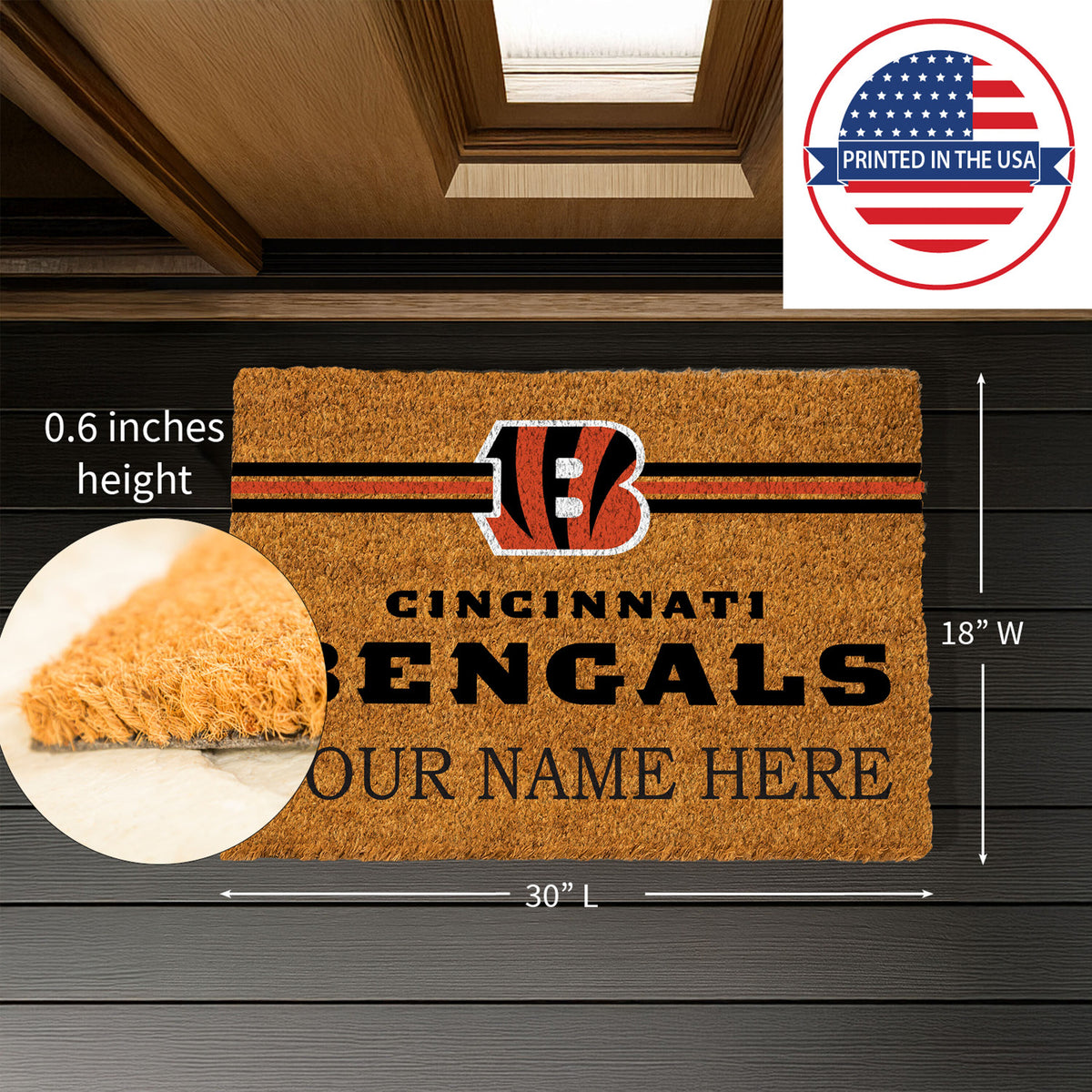 Cincinnati Bengals Personalized Mat, Natural Coir with Color Logo, 30" x 18", Slide 6 of 15