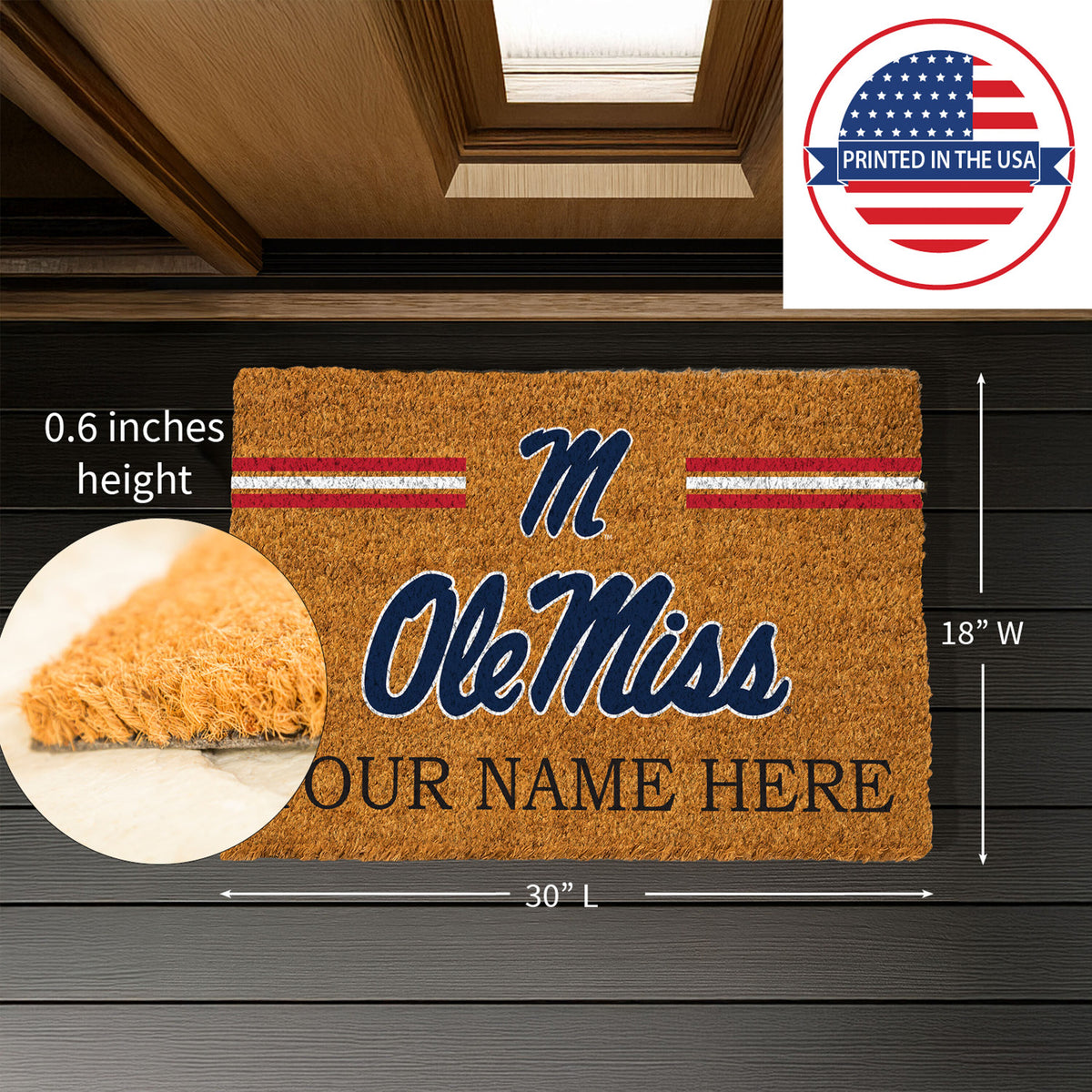 University of Mississippi Personalized Mat, Natural Coir with Color Logo, 30" x 18", Slide 8 of 15