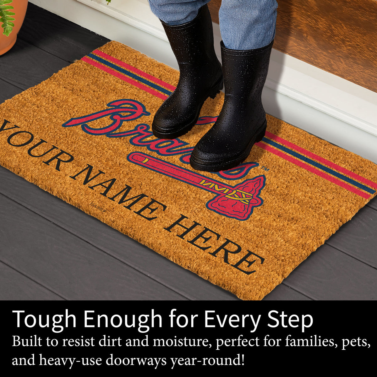Atlanta Braves Personalized Mat, Natural Coir with Color Logo, 30" x 18", Slide 4 of 4