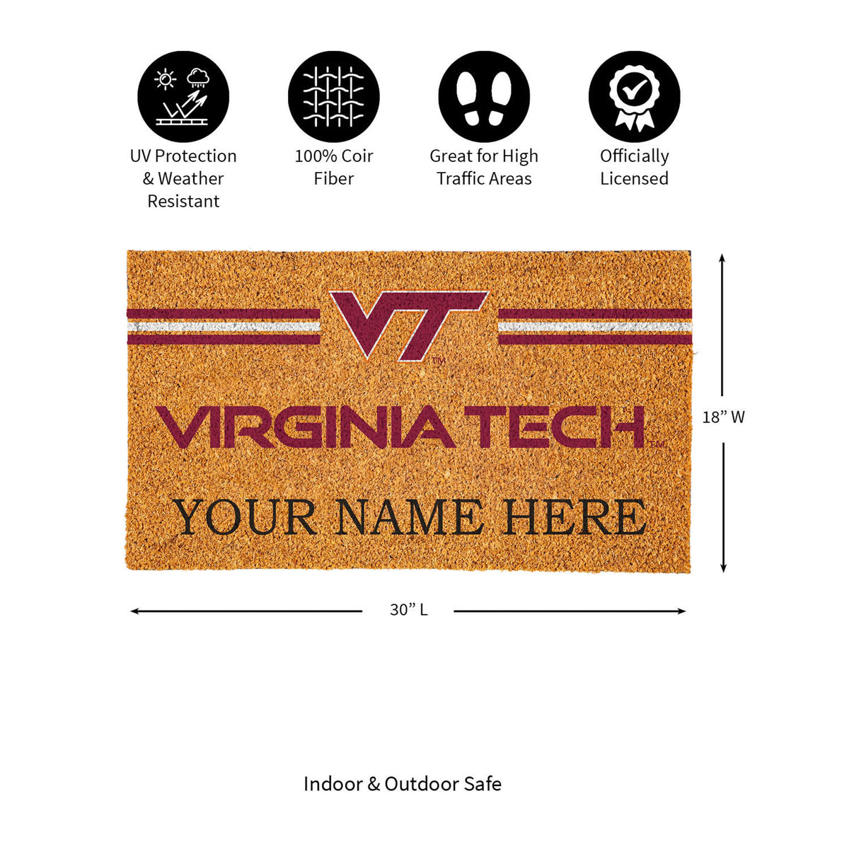 Virginia Tech Personalized Mat, Natural Coir with Color Logo, 30" x 18", Slide 10 of 15