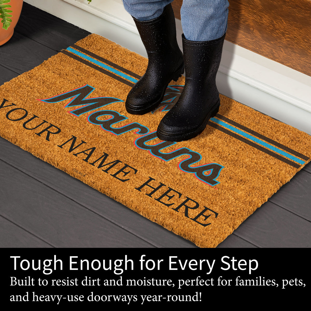 Miami Marlins Personalized Mat, Natural Coir with Color Logo, 30" x 18", Slide 4 of 4