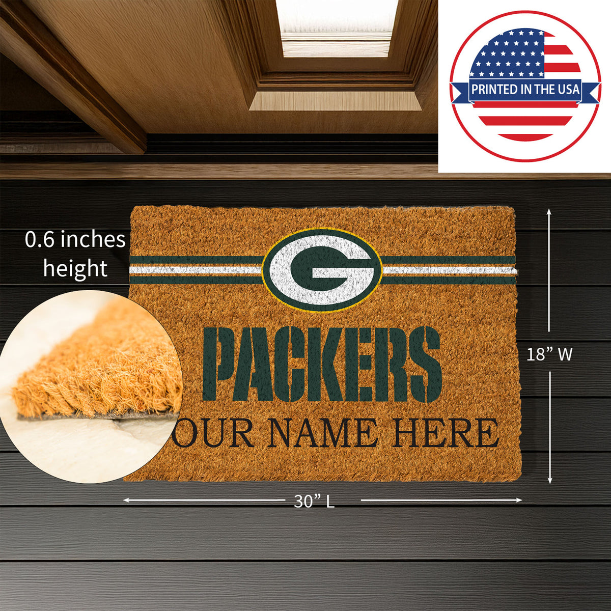 Green Bay Packers Personalized Mat, Natural Coir with Color Logo, 30" x 18", Slide 7 of 15