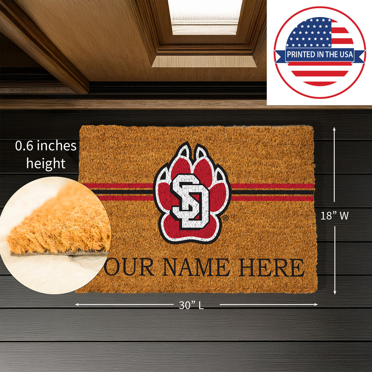 University of South Dakota Personalized Mat, Natural Coir with Color Logo, 30" x 18", Slide 8 of 15