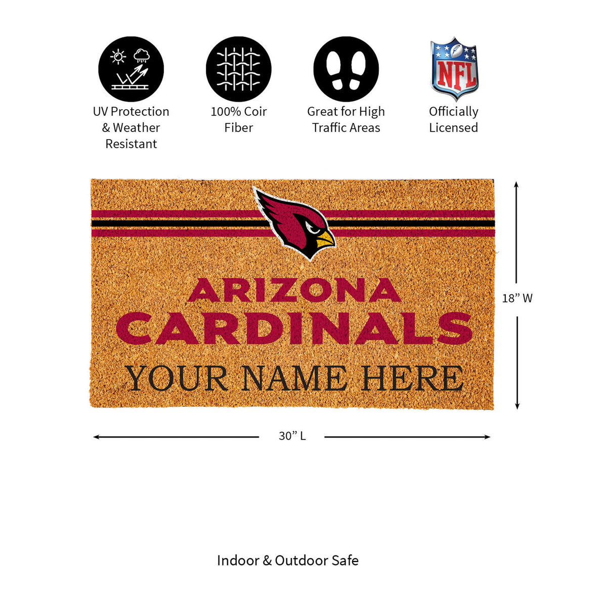 Arizona Cardinals Personalized Natural Coir Mat with Color Logo, 30" x 18", Slide 14 of 15