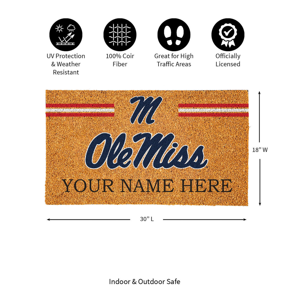 University of Mississippi Personalized Mat, Natural Coir with Color Logo, 30" x 18", Slide 15 of 15