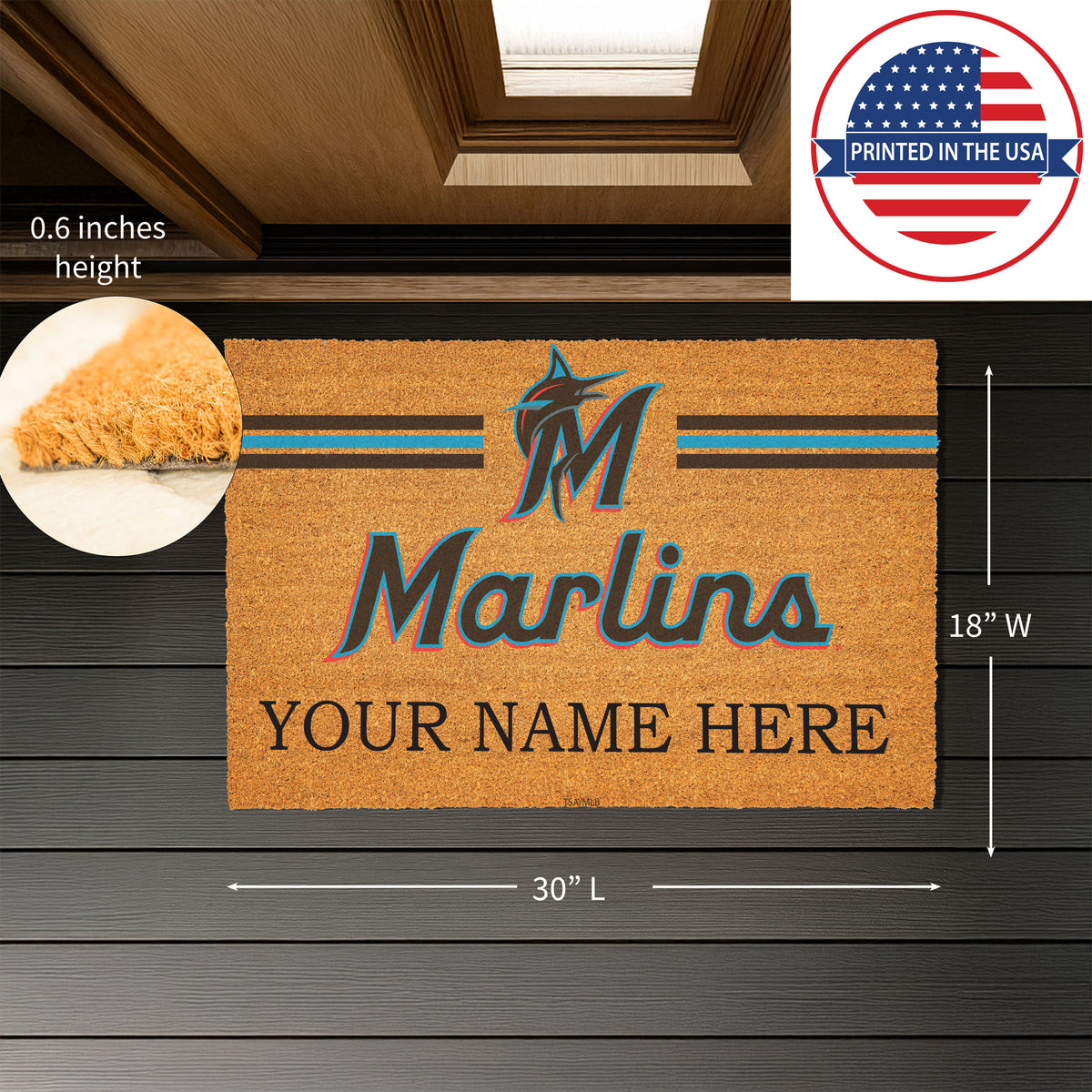 Miami Marlins Personalized Mat, Natural Coir with Color Logo, 30" x 18", Slide 3 of 4