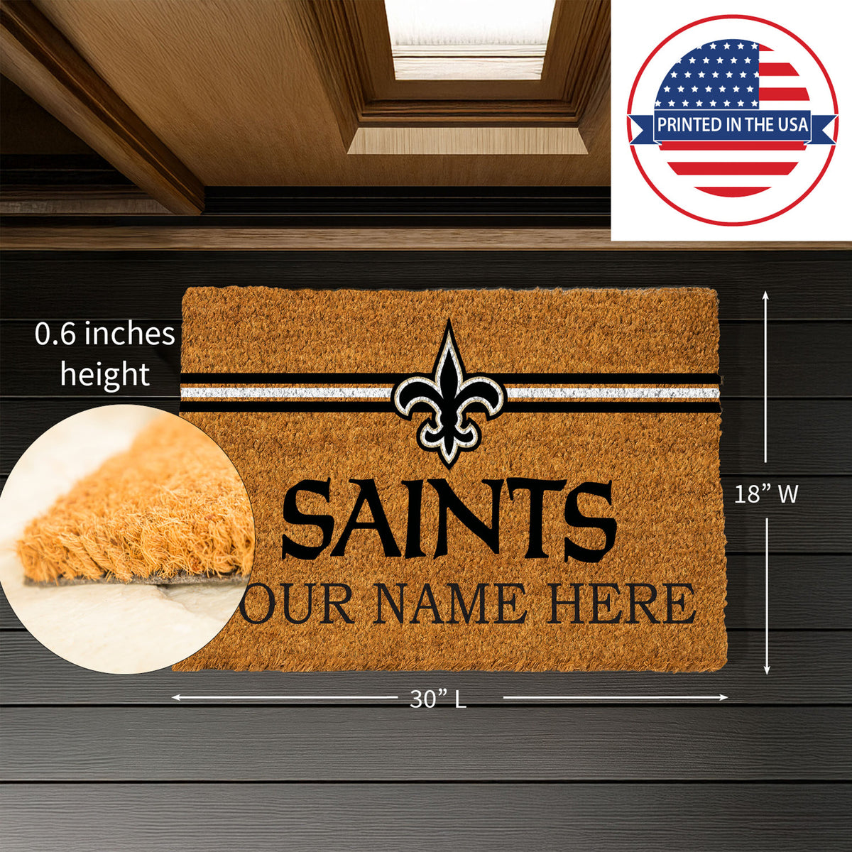 New Orleans Saints Personalized Mat, Natural Coir with Color Logo, 30" x 18", Slide 8 of 15