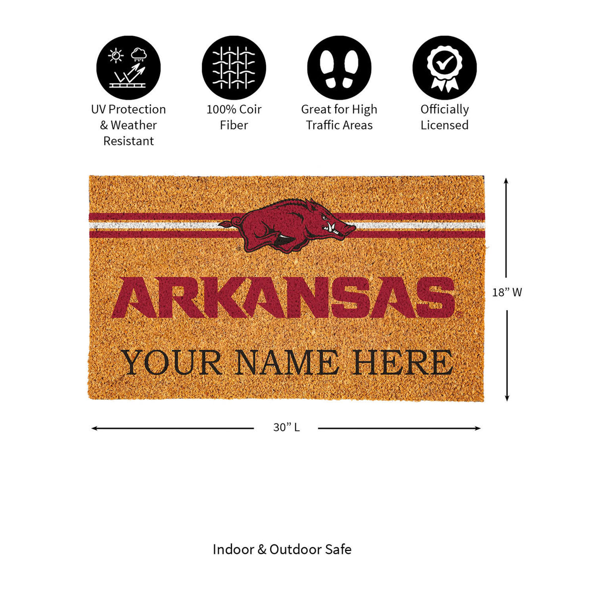 University of Arkansas Personalized Mat, Natural Coir with Color Logo, 30" x 18", Slide 9 of 15