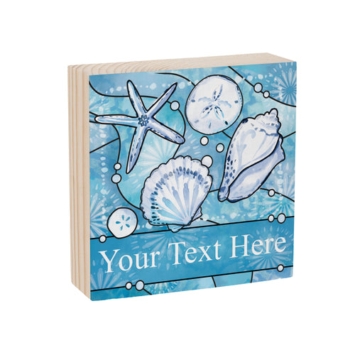 Blue Coastal Shells Sign Wood Block, Sea Illustration With Personalization, 6"x6", Slide 2 of 3
