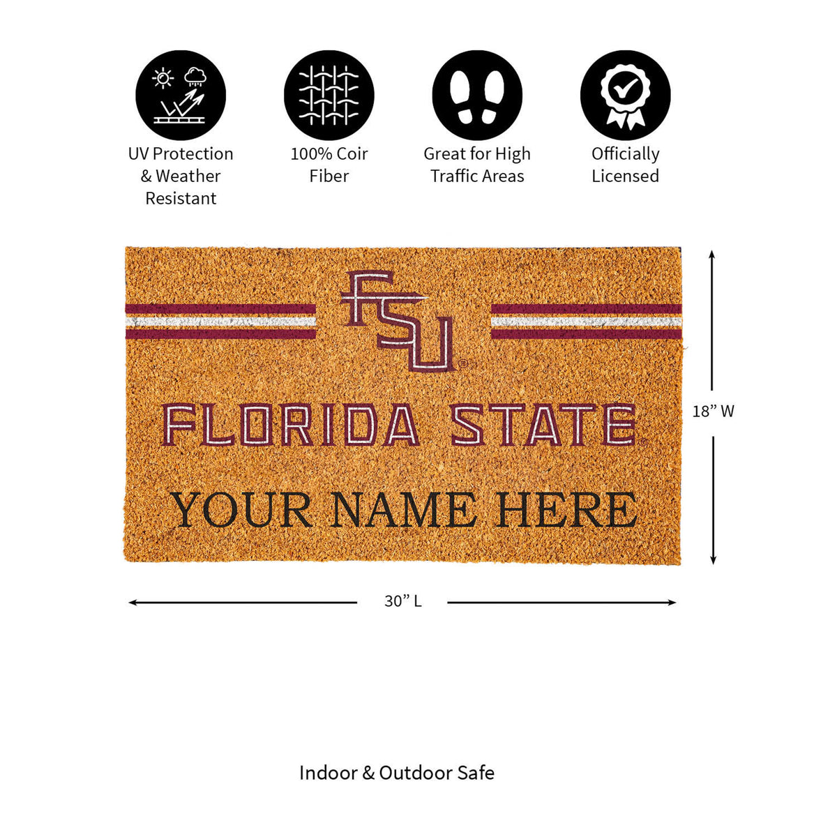 Florida State University Personalized Mat, Natural Coir with Color Logo, 30" x 18", Slide 9 of 15