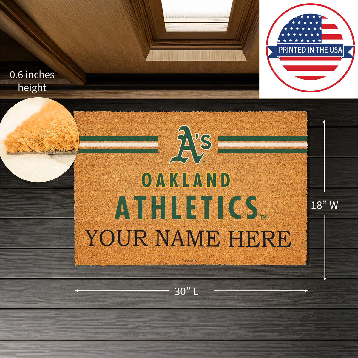Oakland A's Personalized Mat, Natural Coir with Color Logo, 30" x 18", Slide 3 of 4