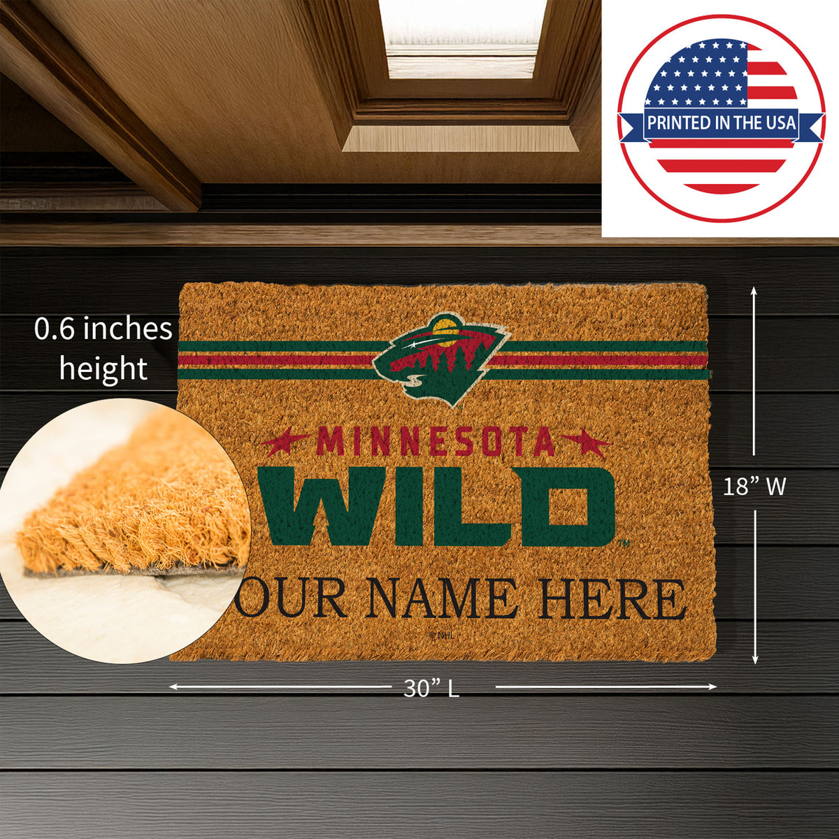 Minnesota Wild Personalized Mat, Natural Coir with Color Logo, 30" x 18", Slide 8 of 15