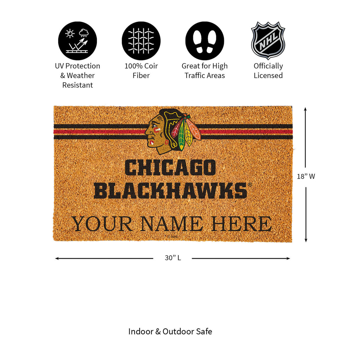 Chicago Blackhawks Personalized Mat, Natural Coir with Color Logo, 30" x 18", Slide 20 of 20