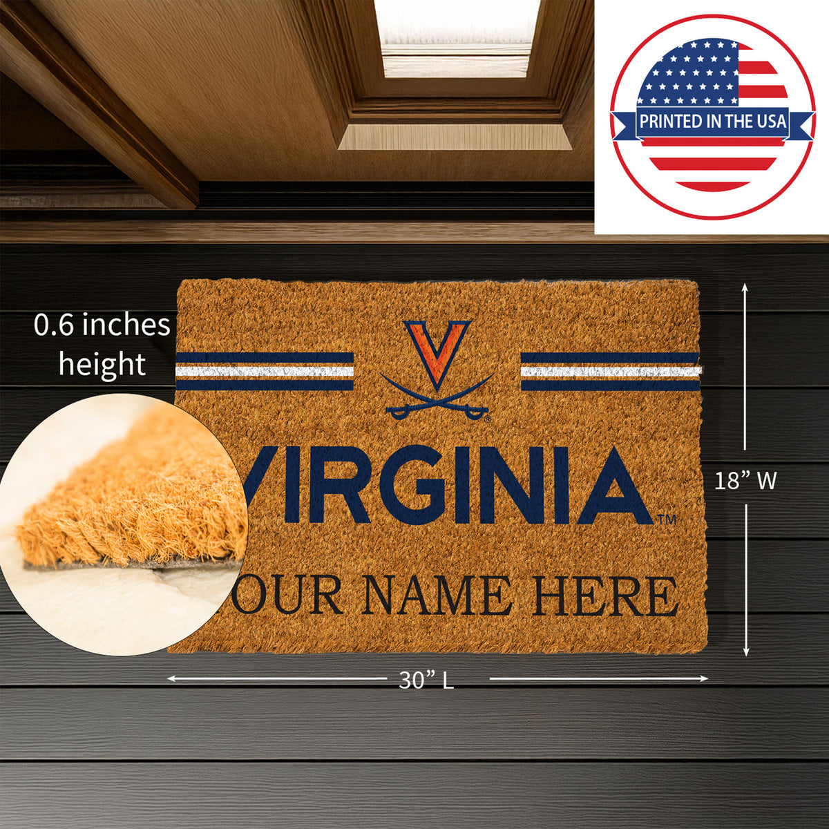 University of Virginia Personalized Mat, Natural Coir with Color Logo, 30" x 18", Slide 4 of 15