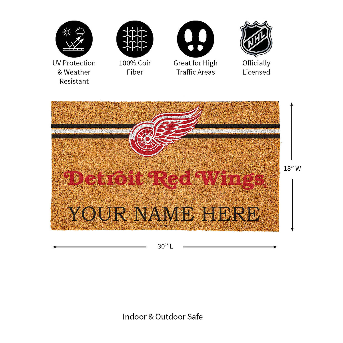 Detroit Red Wings Personalized Mat, Natural Coir with Color Logo, 30" x 18", Slide 5 of 7