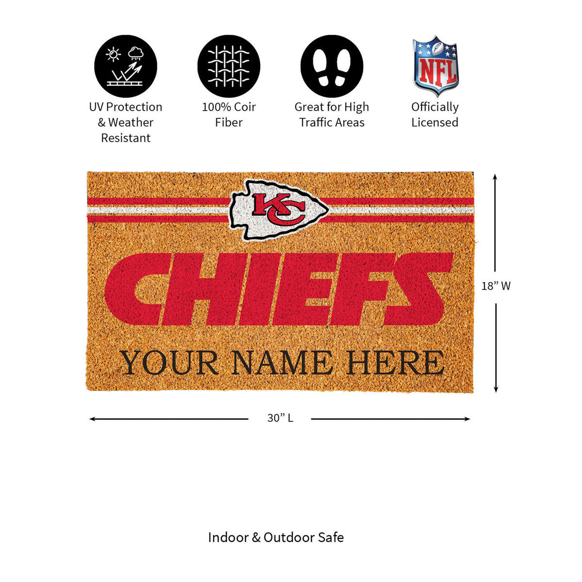 Kansas City Chiefs Personalized Mat, Natural Coir with Color Logo, 30" x 18", Slide 10 of 15