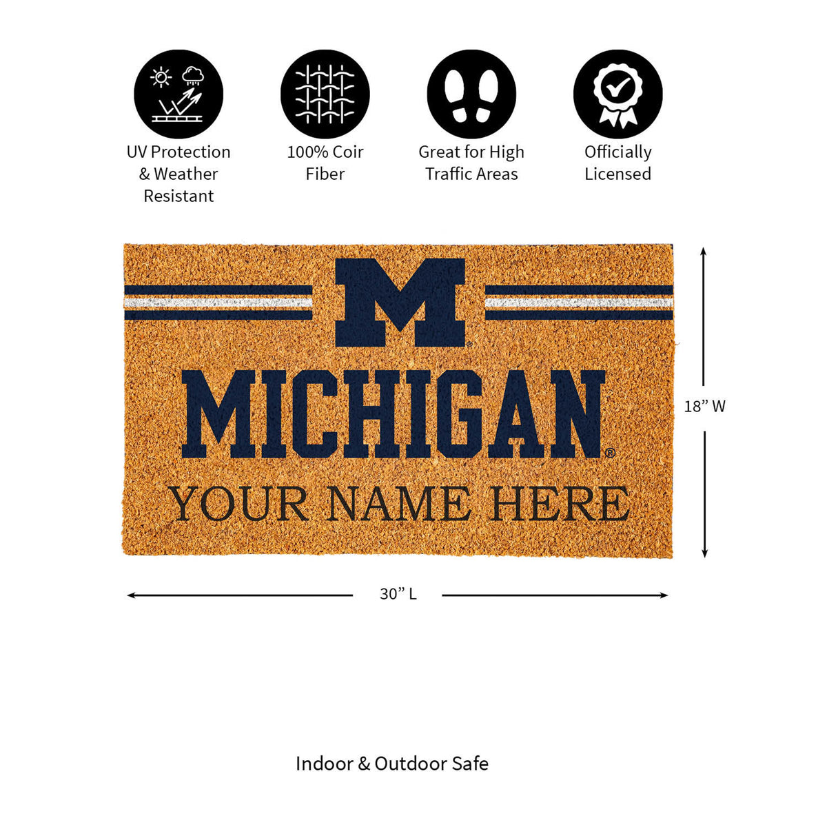 University Of Michigan Personalized Mat, Natural Coir with Color Logo, 30" x 18", Slide 13 of 15