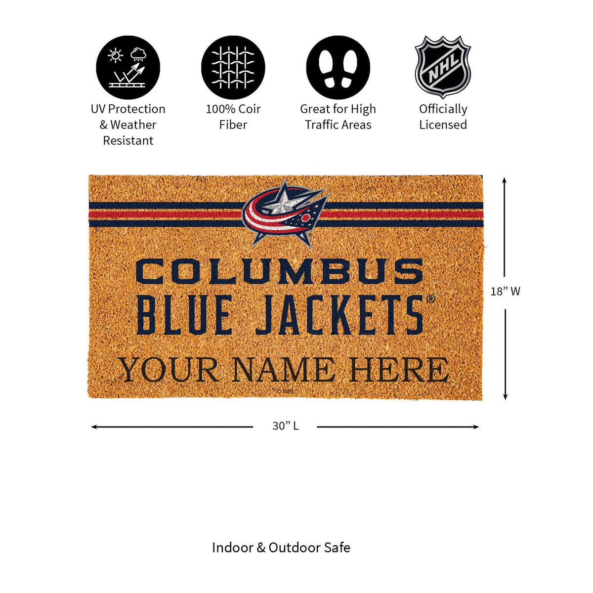 Columbus Blue Jackets Personalized Mat, Natural Coir with Color Logo, 30" x 18", Slide 13 of 15