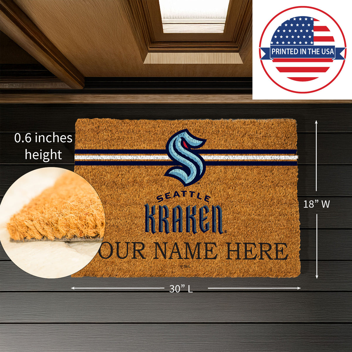 Seattle Kraken Personalized Mat, Natural Coir with Color Logo, 30" x 18", Slide 7 of 15