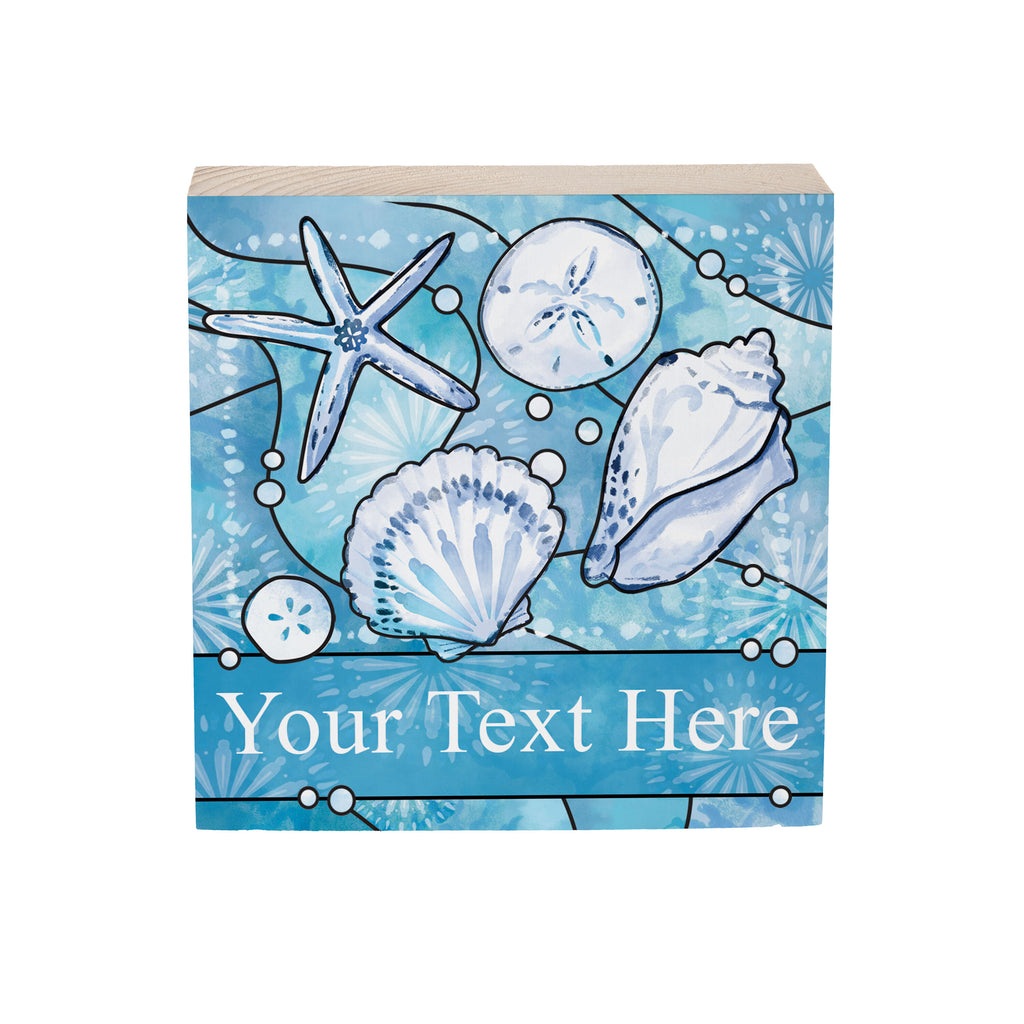 Blue Coastal Shells Sign Wood Block, Sea Illustration With Personalization, 6"x6", Slide 3 of 3