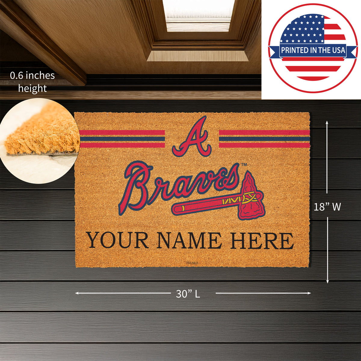 Atlanta Braves Personalized Mat, Natural Coir with Color Logo, 30" x 18", Slide 3 of 4