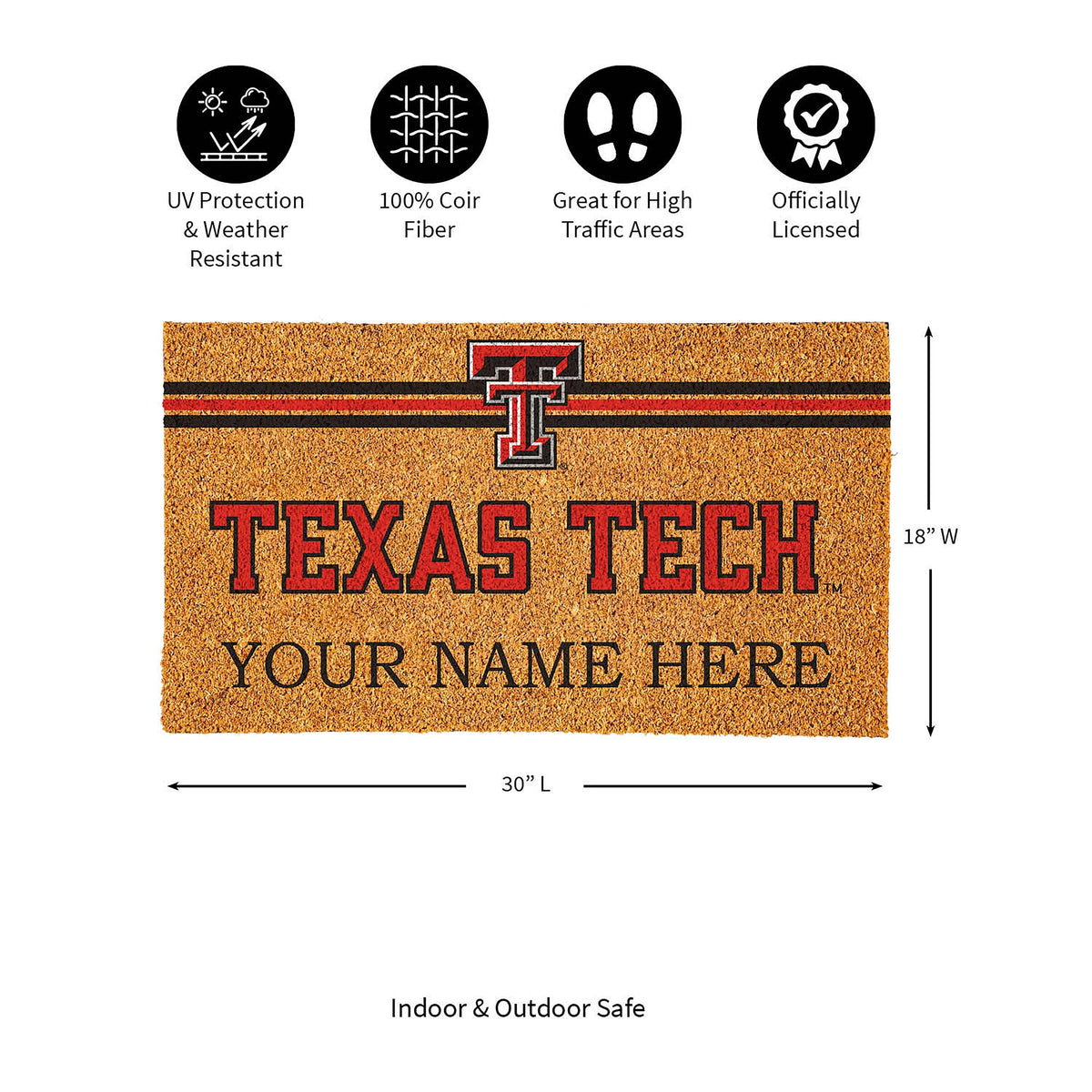 Texas Tech University Personalized Mat, Natural Coir with Color Logo, 30" x 18", Slide 3 of 7