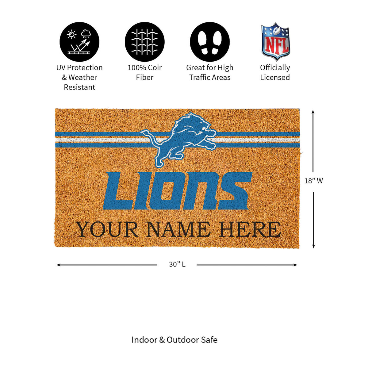 Detroit Lions Personalized Mat, Natural Coir with Color Logo, 30" x 18", Slide 10 of 15