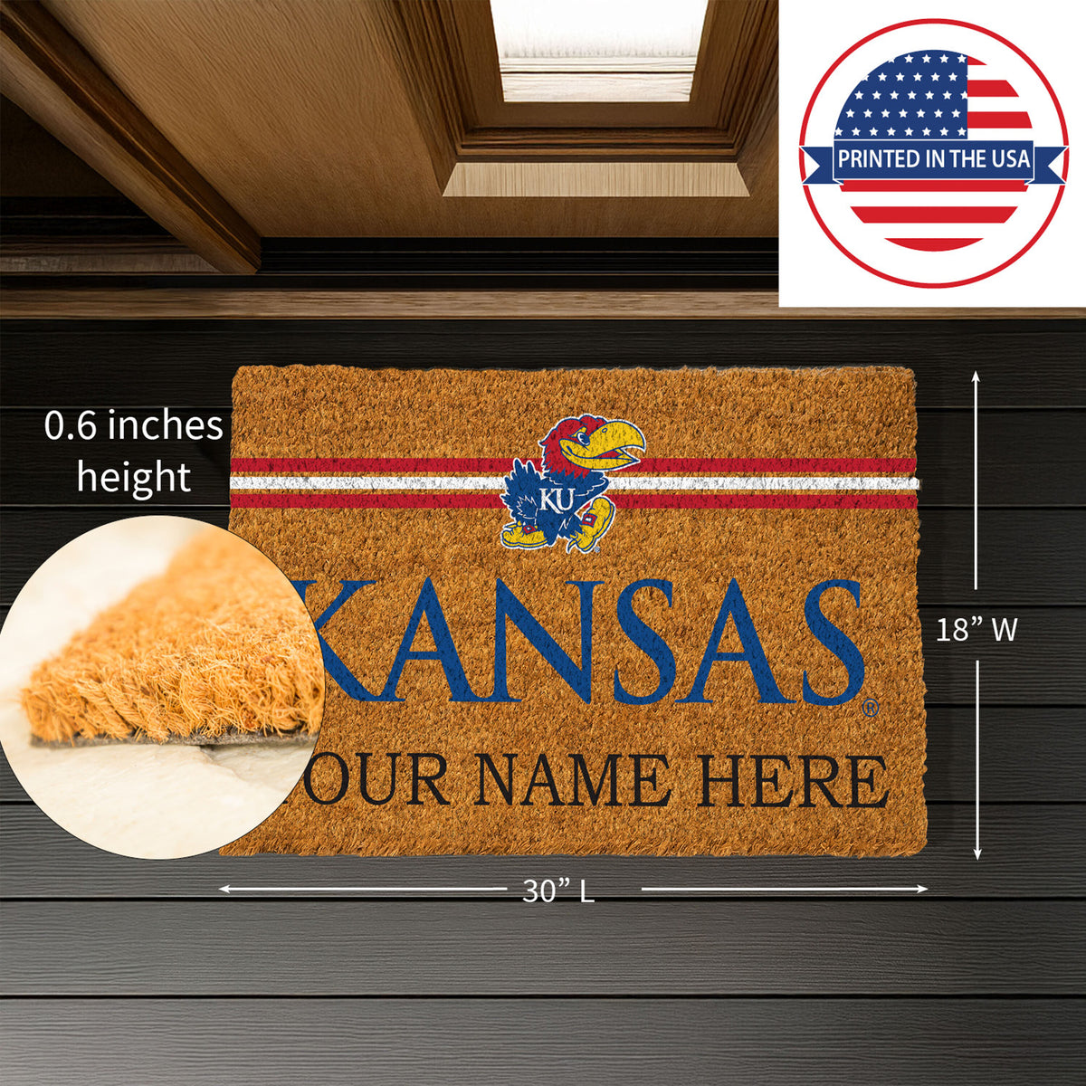 University of Kansas Personalized Mat, Natural Coir with Color Logo, 30" x 18", Slide 7 of 15