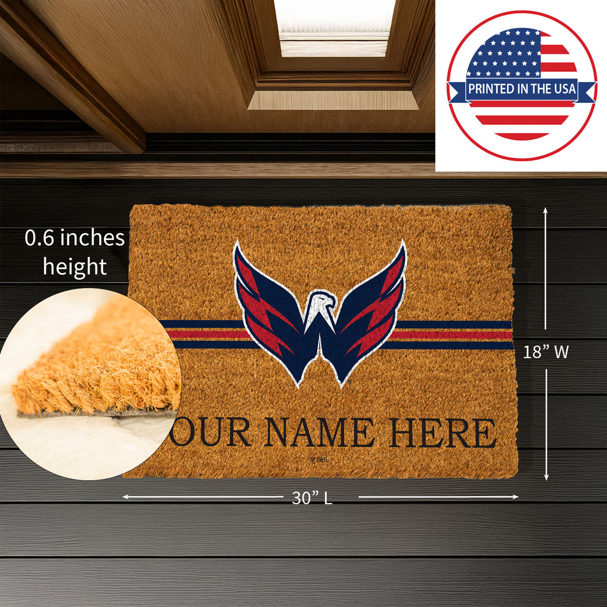 Washington Capitals Personalized Mat, Natural Coir with Color Logo, 30" x 18", Slide 8 of 15