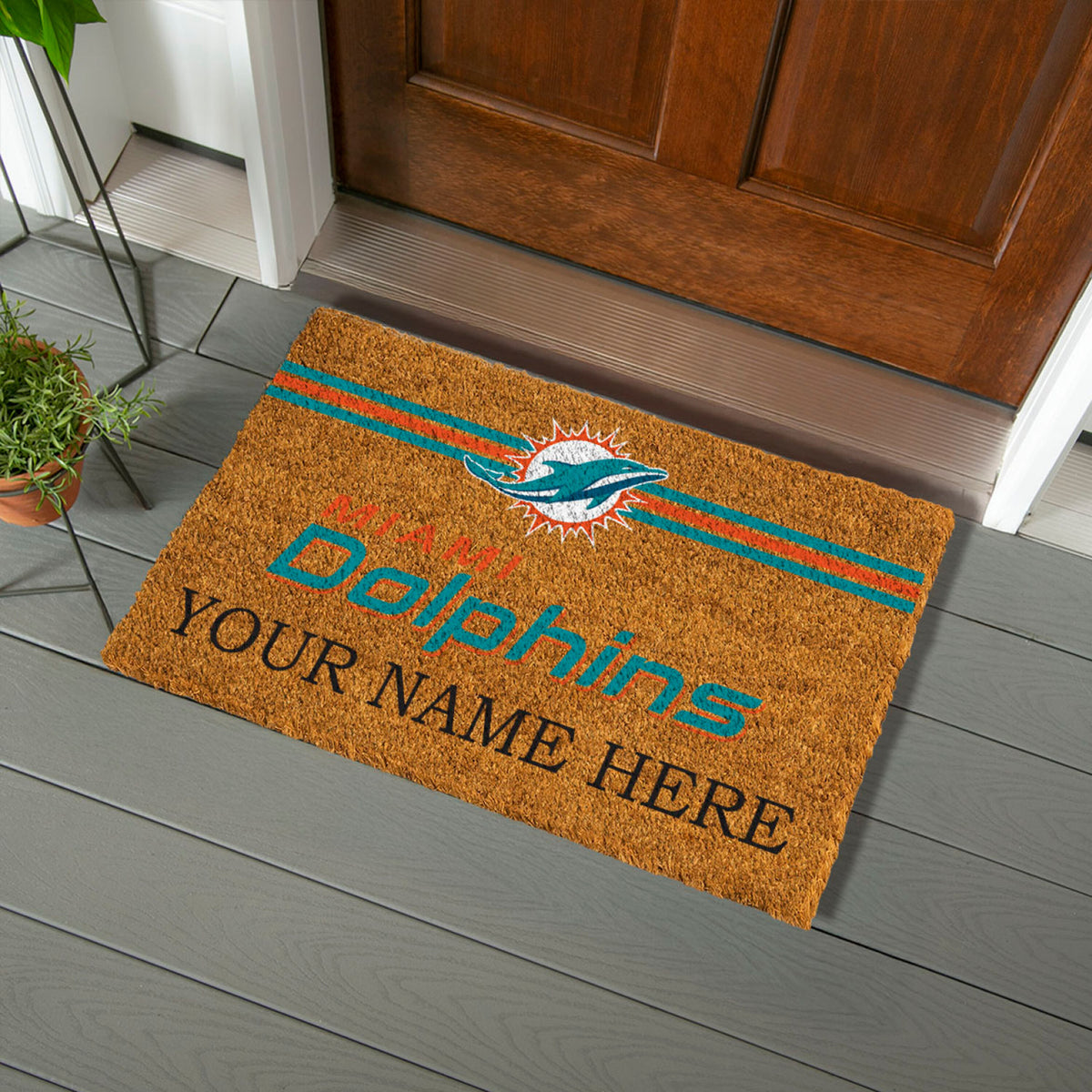 Miami Dolphins Personalized Mat, Natural Coir with Color Logo, 30" x 18", Slide 3 of 15