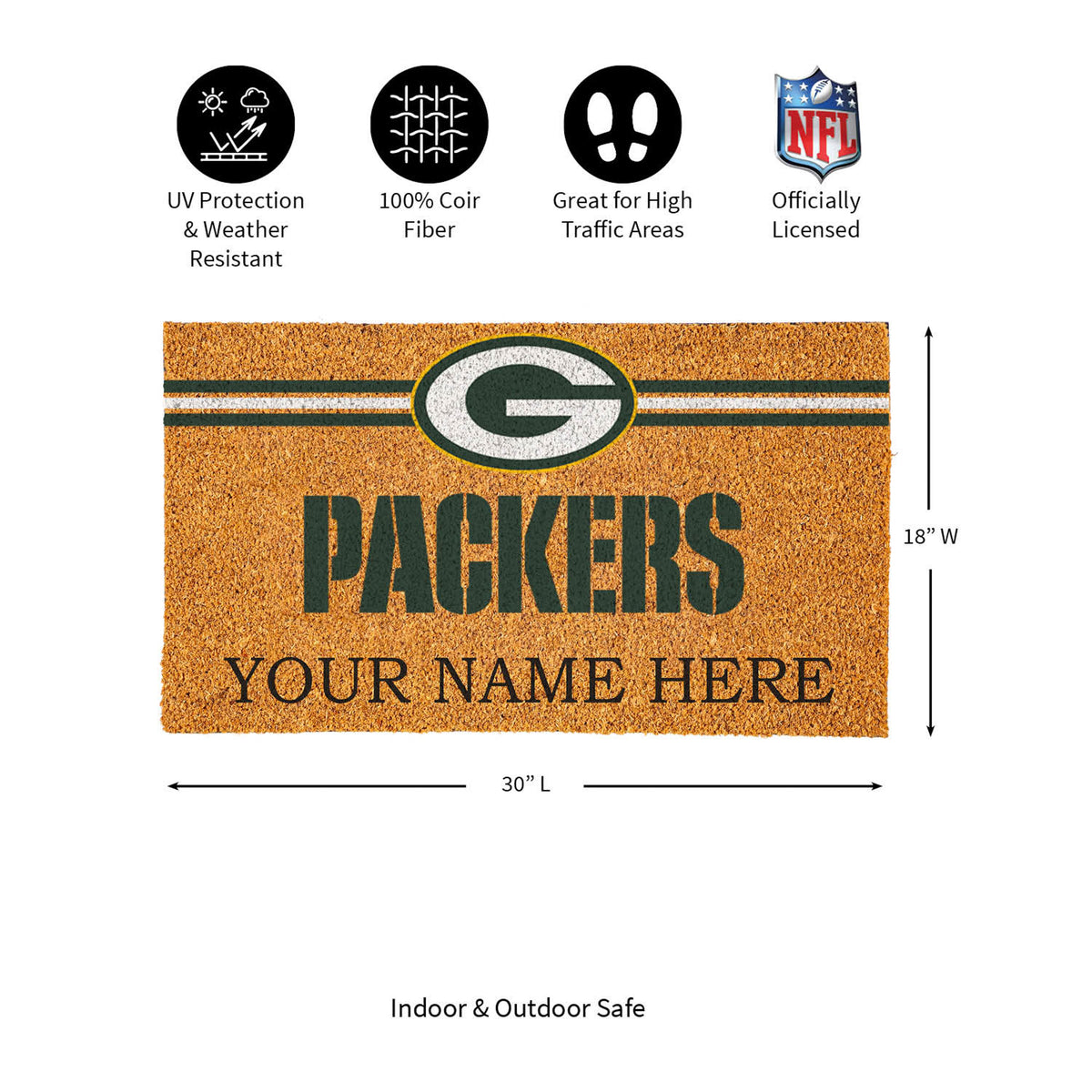Green Bay Packers Personalized Mat, Natural Coir with Color Logo, 30" x 18", Slide 13 of 15