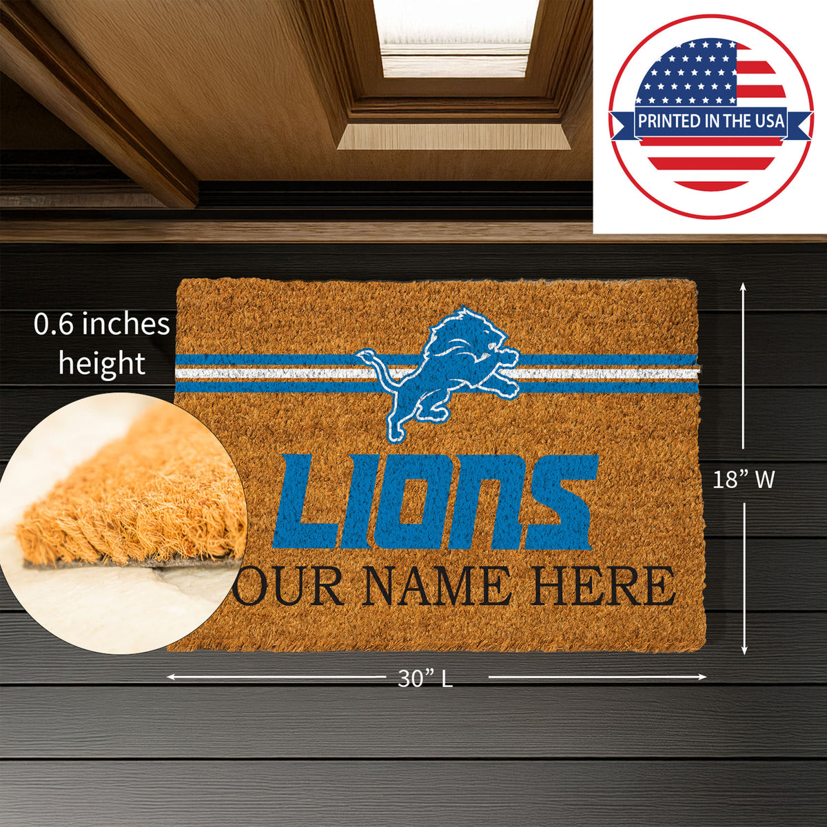 Detroit Lions Personalized Mat, Natural Coir with Color Logo, 30" x 18", Slide 6 of 15