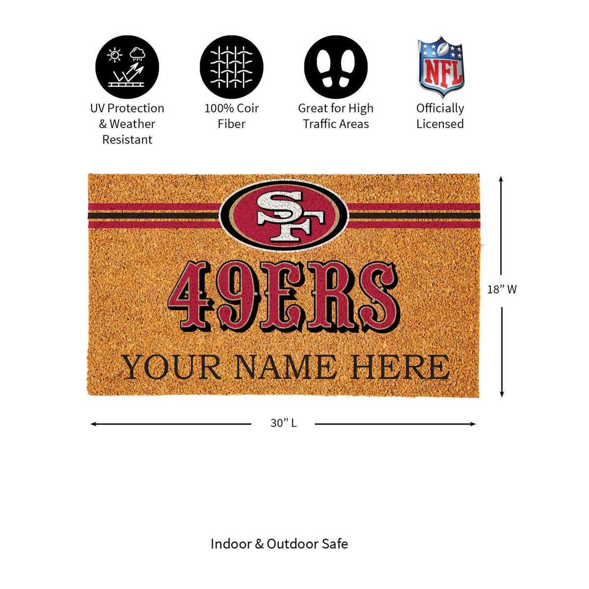 San Francisco 49ers Personalized Mat, Natural Coir with Color Logo, 30" x 18", Slide 14 of 15