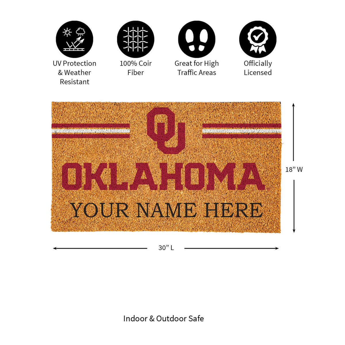 University of Oklahoma Personalized Mat, Natural Coir with Color Logo, 30" x 18", Slide 9 of 15