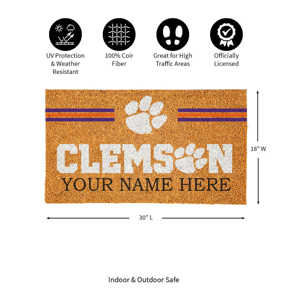 Clemson University Personalized Mat, Natural Coir with Color Logo, 30" x 18", Slide 12 of 15