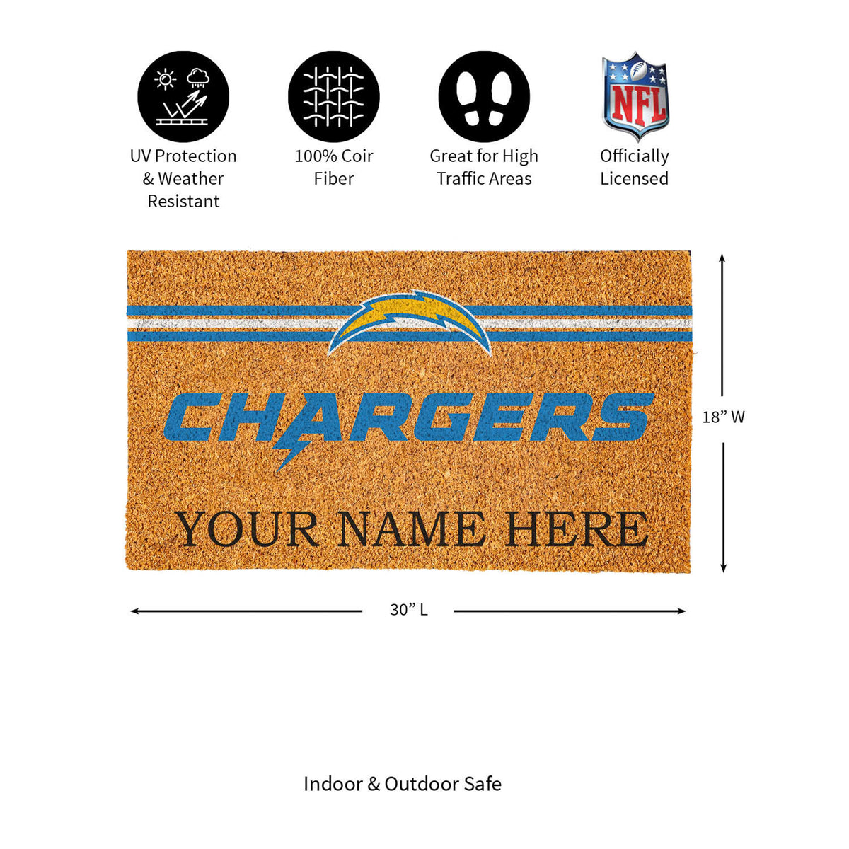 Los Angeles Chargers Personalized Mat, Natural Coir with Color Logo, 30" x 18", Slide 11 of 15