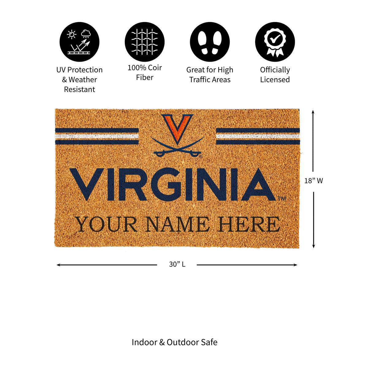 University of Virginia Personalized Mat, Natural Coir with Color Logo, 30" x 18", Slide 14 of 15