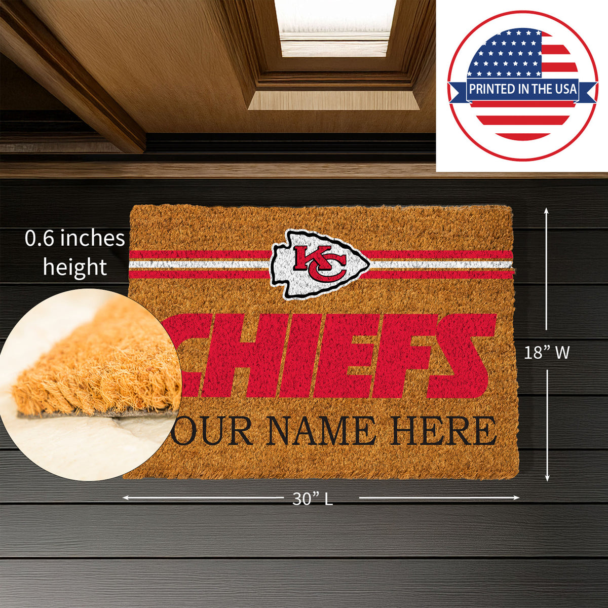 Kansas City Chiefs Personalized Mat, Natural Coir with Color Logo, 30" x 18", Slide 8 of 15