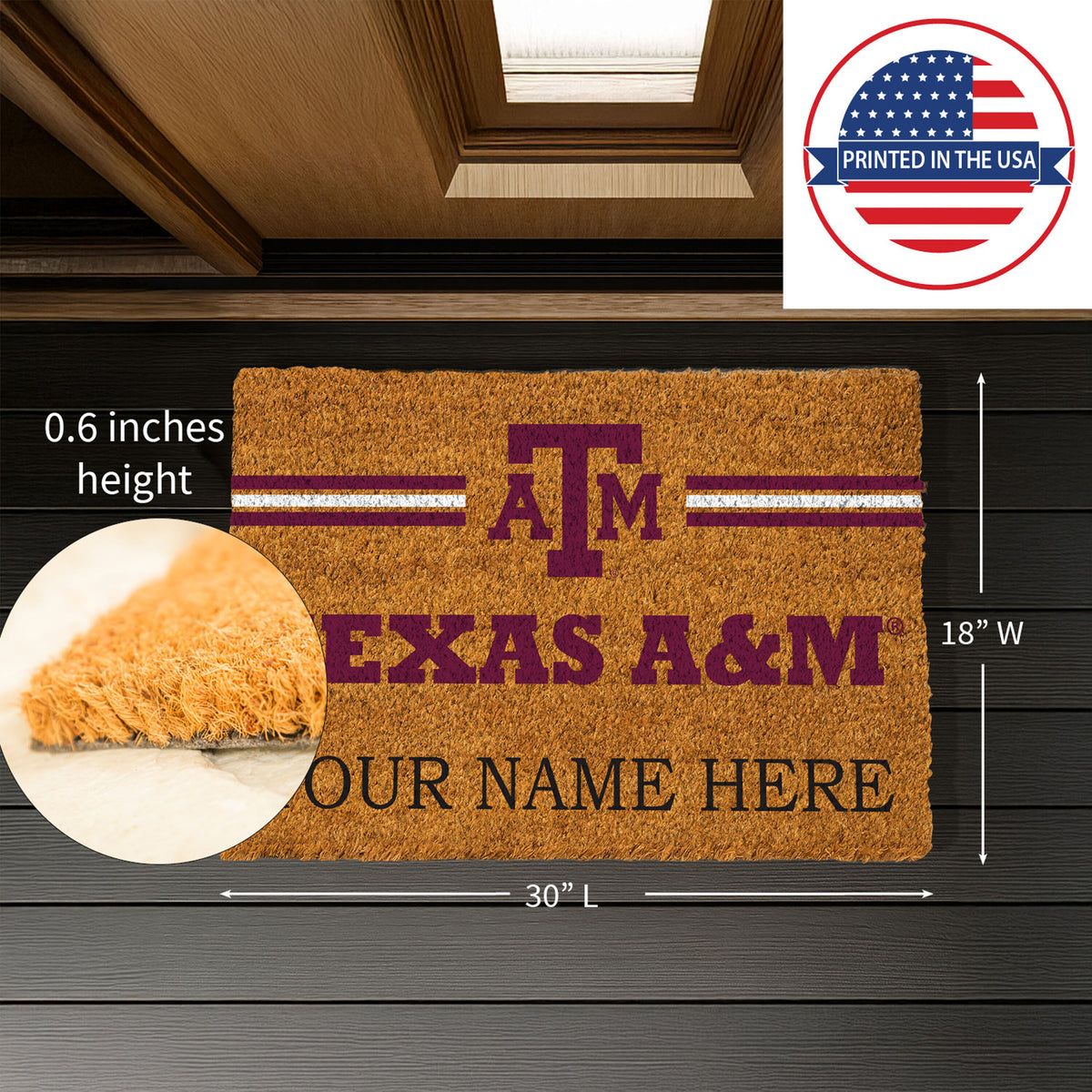 Texas A&M Personalized Mat, Natural Coir with Color Logo, 30" x 18", Slide 7 of 13