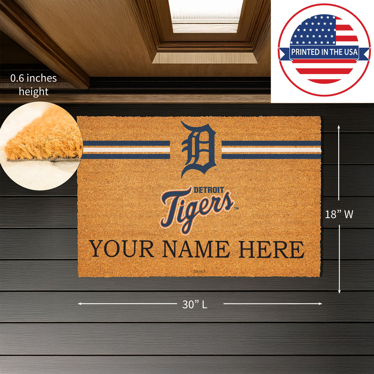 Detroit Tigers Personalized Mat, Natural Coir with Color Logo, 30" x 18", Slide 3 of 4