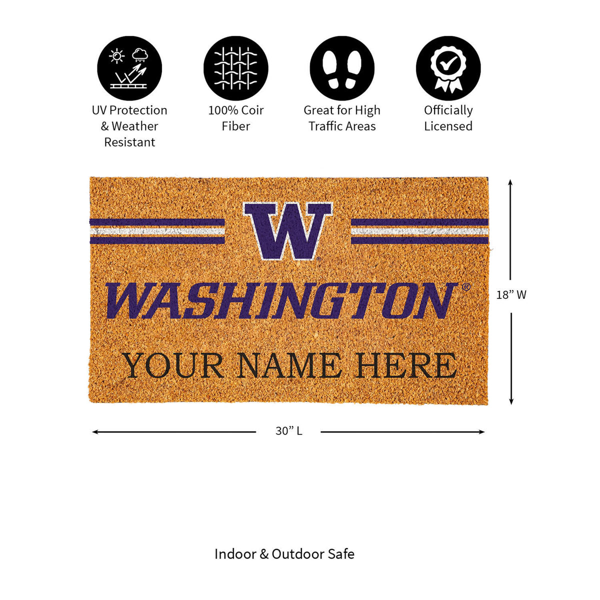 University of Washington Personalized Mat, Natural Coir with Color Logo, 30" x 18", Slide 10 of 15