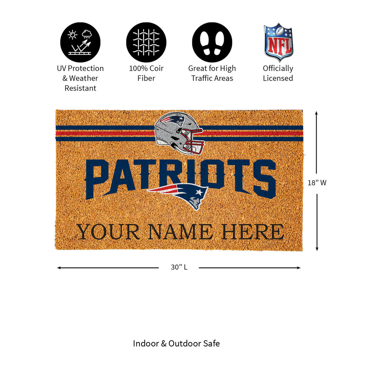 New England Patriots Personalized Mat, Natural Coir with Color Logo, 30" x 18", Slide 9 of 15