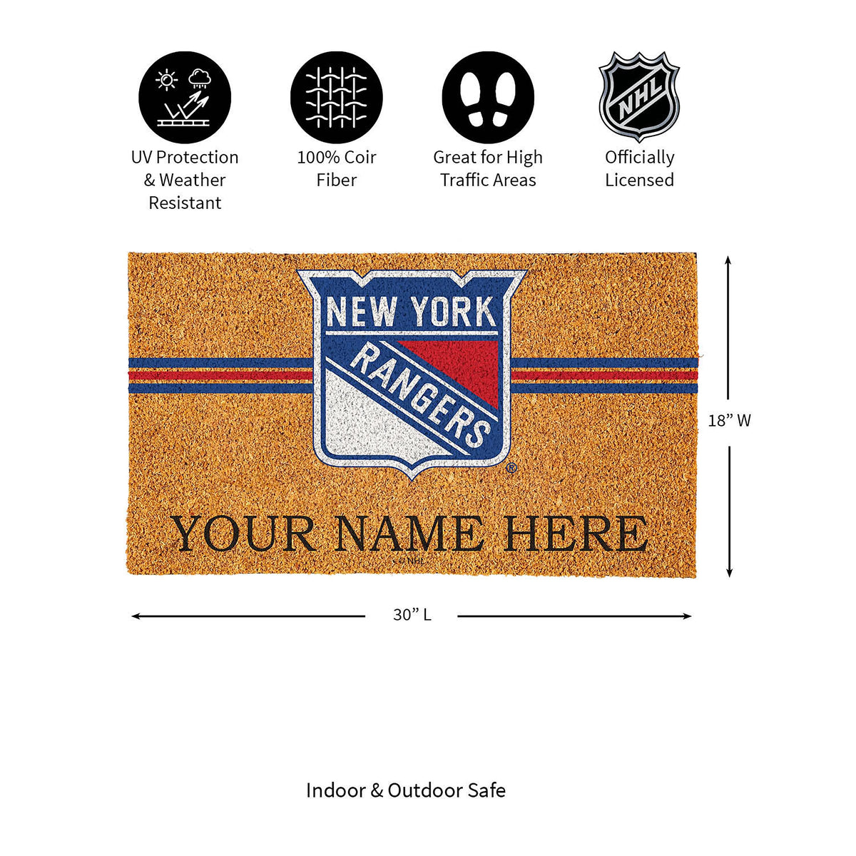 New York Rangers Personalized Mat, Natural Coir with Color Logo, 30" x 18", Slide 2 of 19