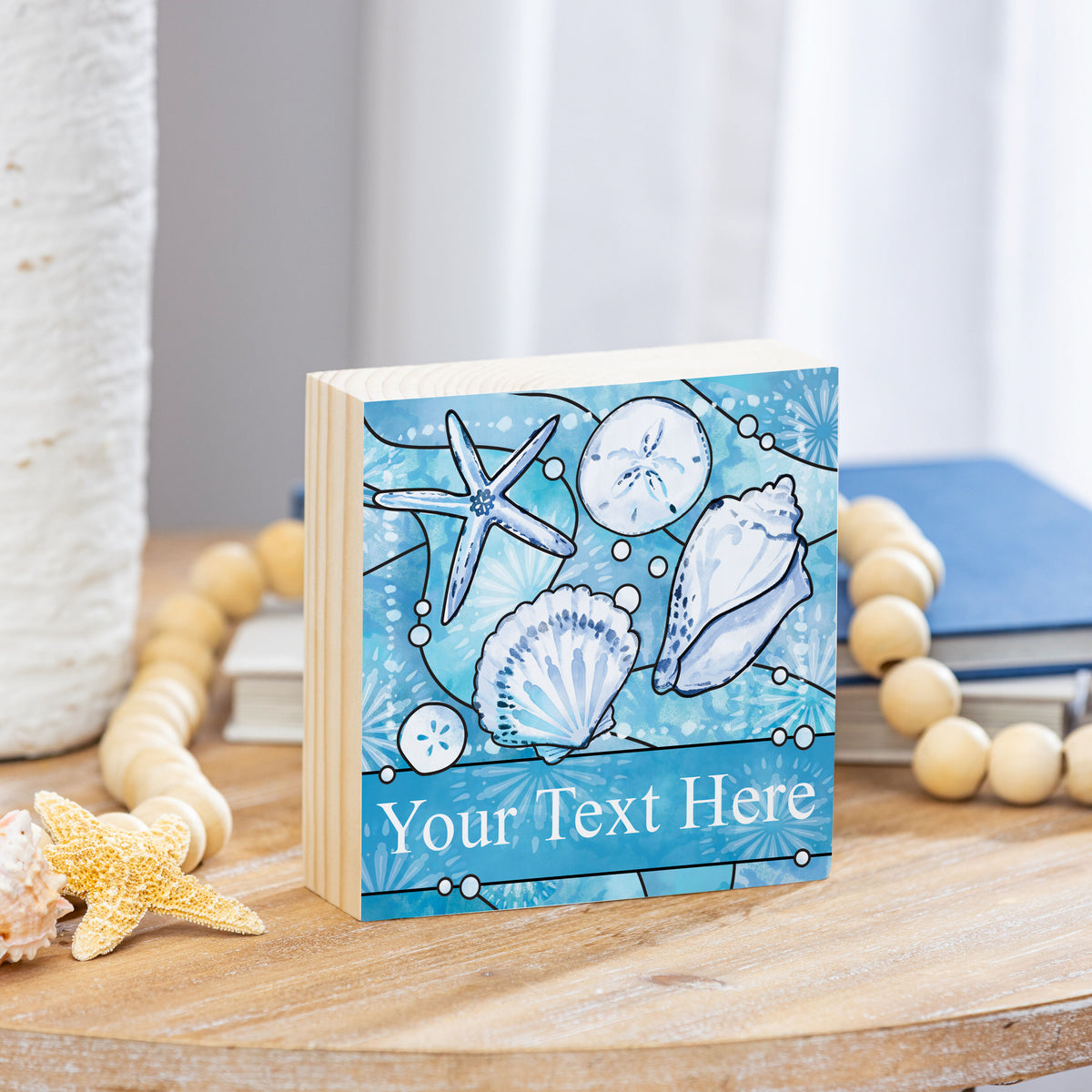 Blue Coastal Shells Sign Wood Block, Sea Illustration With Personalization, 6"x6"
