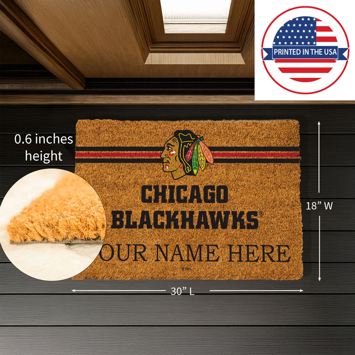 Chicago Blackhawks Personalized Mat, Natural Coir with Color Logo, 30" x 18", Slide 11 of 20
