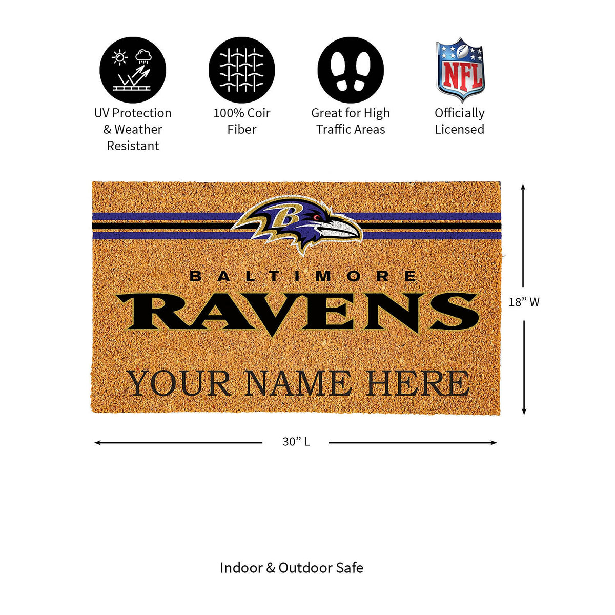 Baltimore Ravens Personalized Mat, Natural Coir with Color Logo, 30" x 18", Slide 4 of 6